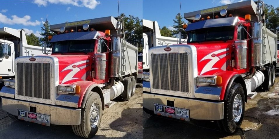 before and after of a dump truck cleaned