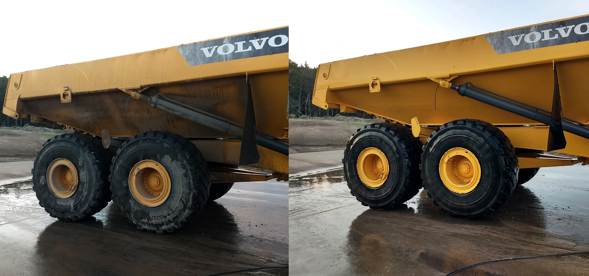 Construction Equipment Before & After Image Using Uppercut a Polish Safe Truck Wash Acid Soap