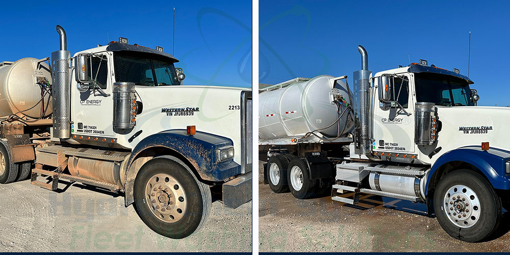 photo of a dirty cement truck before washing with buzzsaw - photo after washing the cement truck looking clean and new with buzzsaw