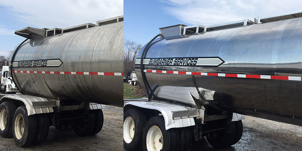 photo of truck oil trailer before washing with film fighter- after photo of clean truck trailer looking brand new after washing film fighter