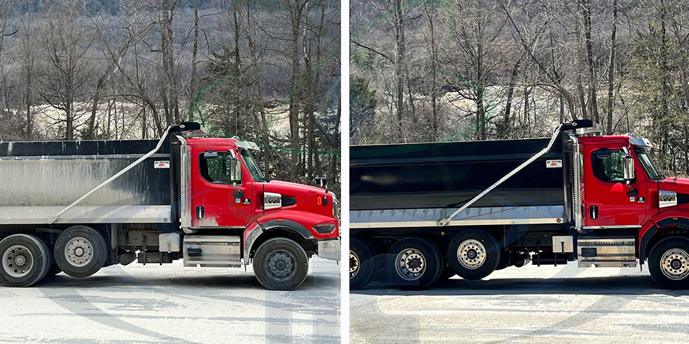 photo of a dirty heavy duty truck in winter conditions before knockdown truck wash soap is applied - after photo of the heavy duty truck clean and looking new after use of knockdown in winter conditions