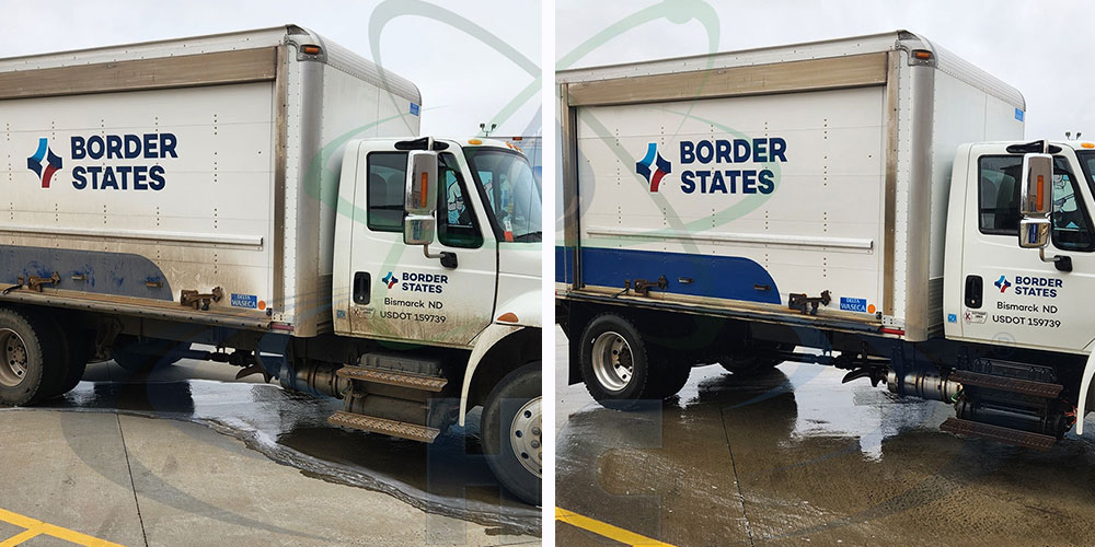 photo of a dirty truck before washing with apex- photo after washing the truck looking clean and new with apex