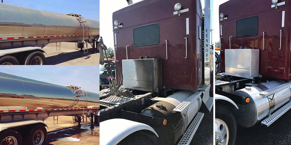 two photos of a dirty truck and oil trailer before washing with citric pre-soak - two photos after washing the truck and trailer looking clean and new with citric pre-soak