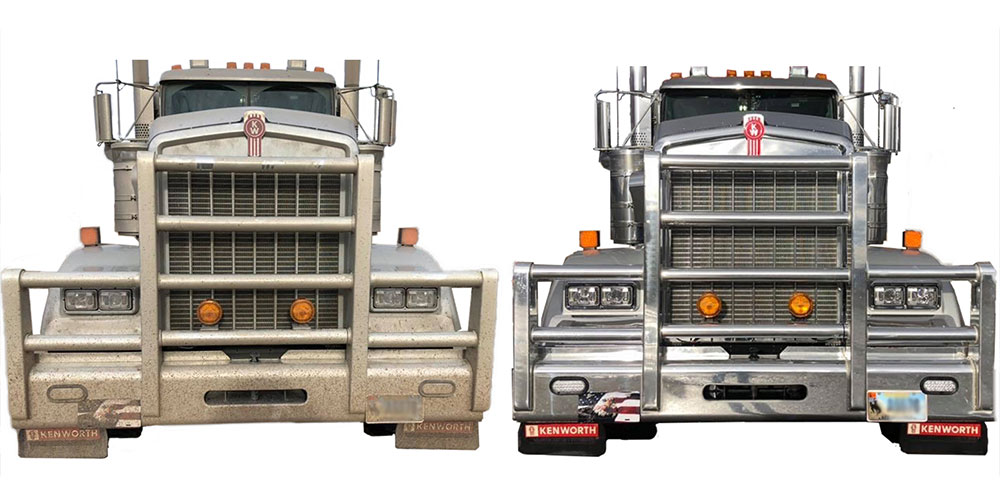 before photo of the front of a truck before washing with counterpunch - photo after washing truck with counterpunch looking clean and brand new