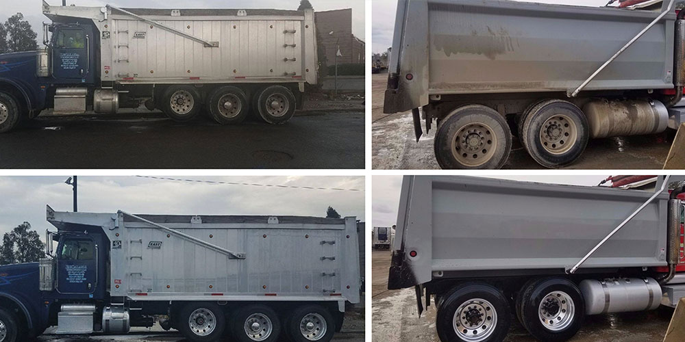photos of two municipal trucks before washing with fleet prep - two after photos of clean municipal trucks looking brand new after washing with fleet prep