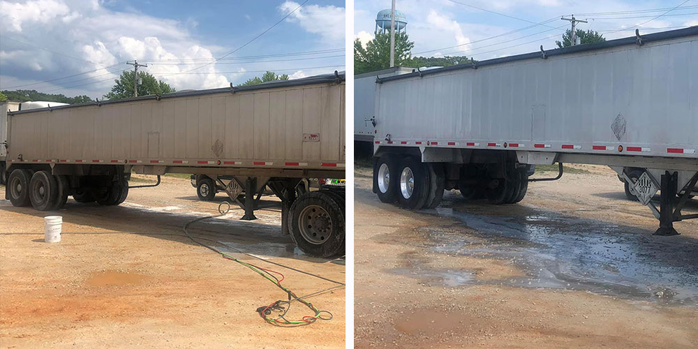 side view photo of a truck trailer before being washed with grizzly - after photo from washing with grizzly of a clean and new looking truck trailer