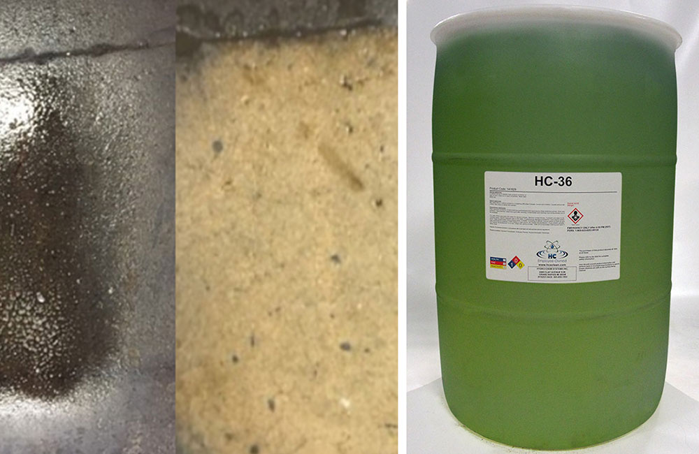 before photo of a grease and oil covered floor - photo of the same floor after being cleaned with hc-36 degreaser - photo of hc-36 degreaser in drum container