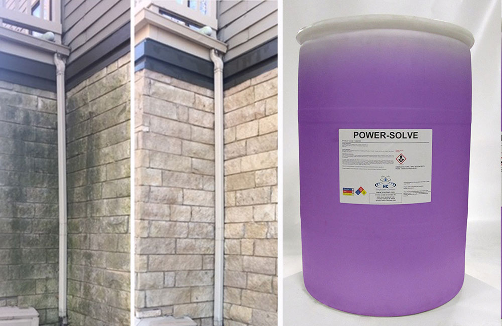 before photo of the side of a house with dirty brickwork - photo of the same clean and new looking brickwork after washing with power-solve - photo of power-solve drum container