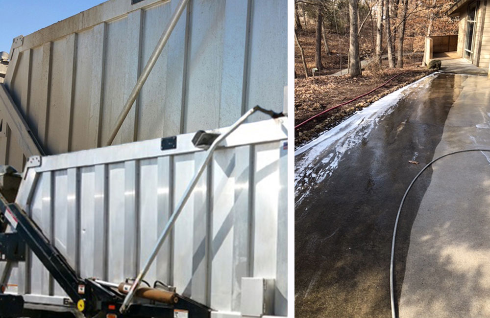 photo before washing the side of a greasy trailer with prep-solve - photo after cleaning all of the grease off of the truck trailer using prep-solv degreaser - photo of before and after side by side of cleaning outside pavement with prep-solv