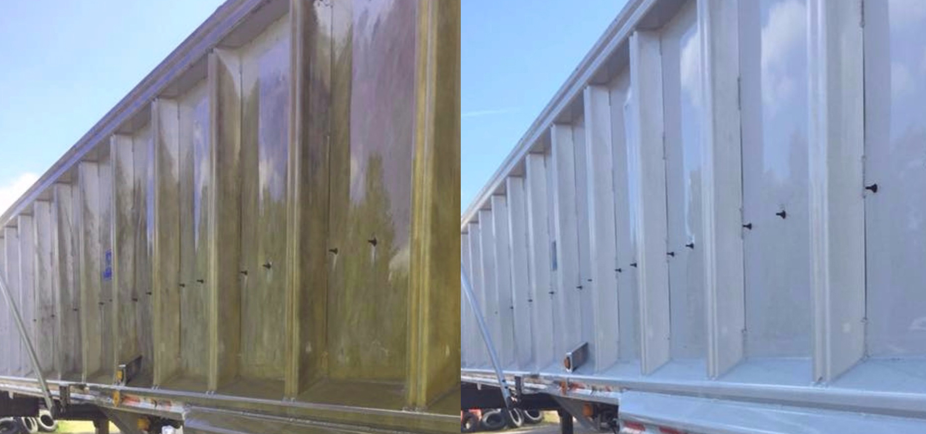 left photo of metal trailer before quicksilver is applied; right photo of the same metal trailer looking bright and new after quicksilver was applied