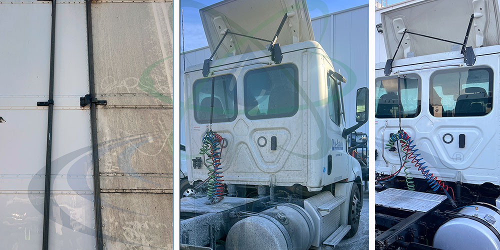 before photo of a truck's trailer, half cleaned with shockwave and half not cleaned with shockwave. Before photo of a truck prior to shockwave cleaning - the after view shows a clean, looks like new truck