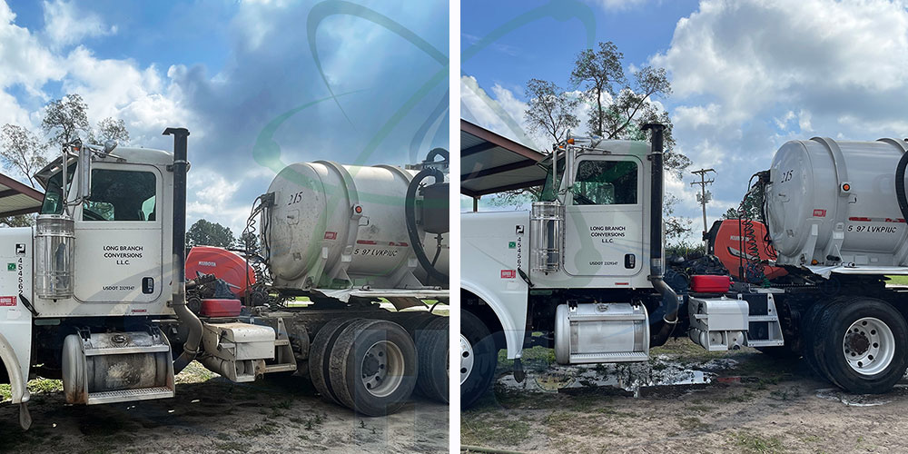 before and after photo of a truck cleaned with surefire- the after view shows a clean, looks like new truck