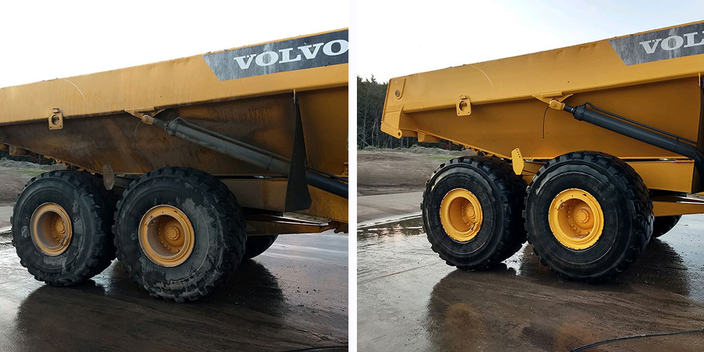 before an after photo of a dump truck cleaned with uppercut - the after view shows a clean, looks like new dump truck