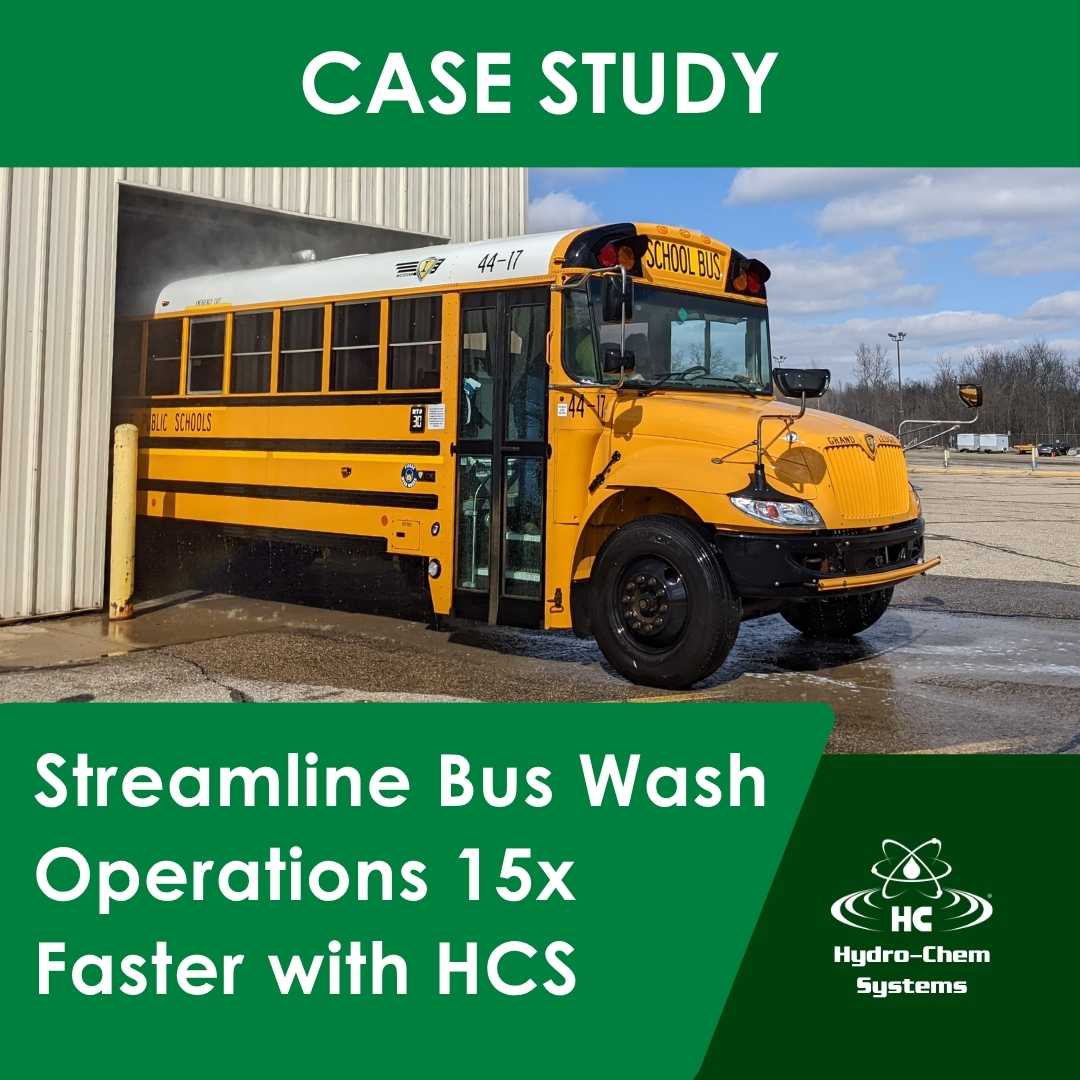 School bus leaving a wash system